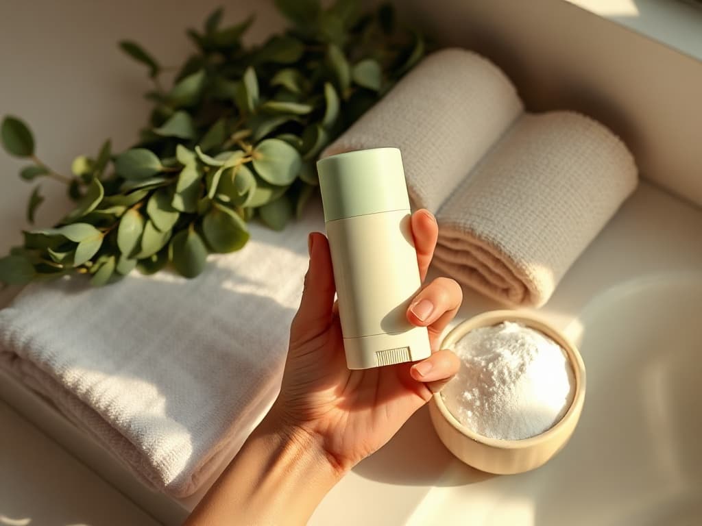 Hands at the edges of the frame hovering over a flat spread of natural skincare ingredients — amber-glass dropper bottle, eucalyptus, rosemary, coarse white baking soda — on crumpled organic linen