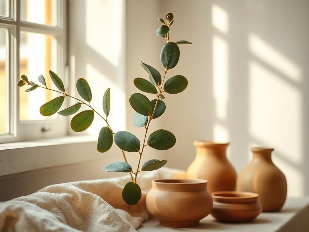 Soft golden-hour still life of organic linen with eucalyptus leaves and dried botanicals